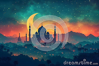 Ramadan mosque with night afterglow sky with crescent, neural network generated image Stock Photo