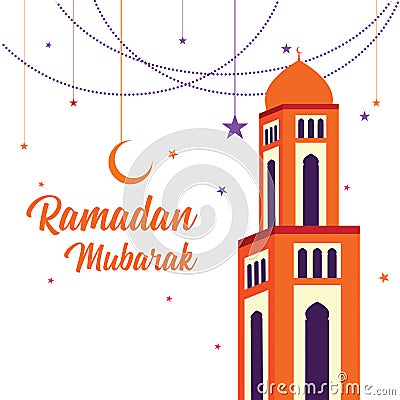 Ramadan Mubarak Greeting Card design with tower mosque, half moon, and star vector Illustration. Vector Illustration