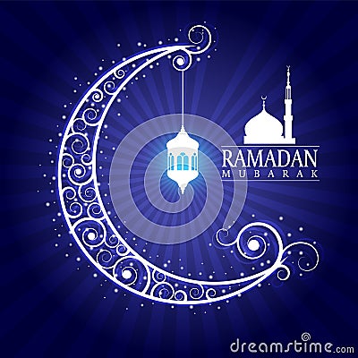 Ramadan mubarak - hanging lamps on moon and masjid on blue background vector design Vector Illustration