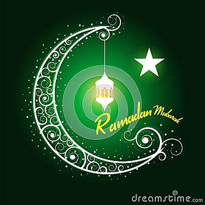 Ramadan mubarak - hanging lamps on moon and star on Green background vector design Vector Illustration