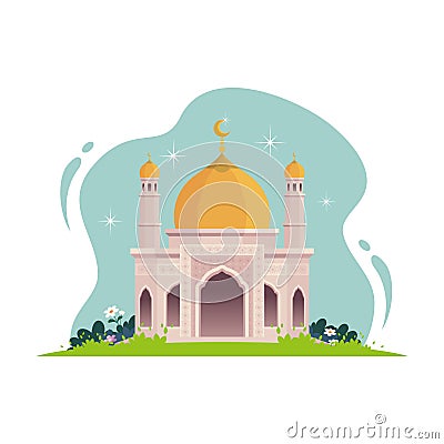 Ramadan Mubarak icon design, Cute and trendy mosque with nature Landscape illustration. Cartoon Illustration