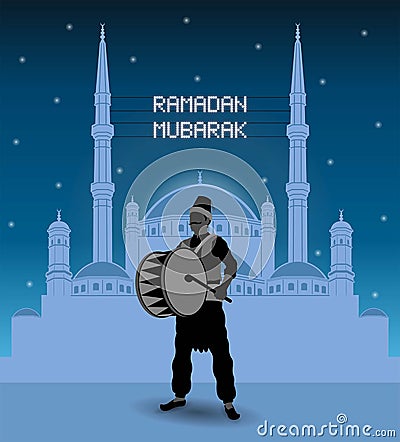 Ramadan mubarak mahya lights over a mosque with ramadan drummer Vector Illustration