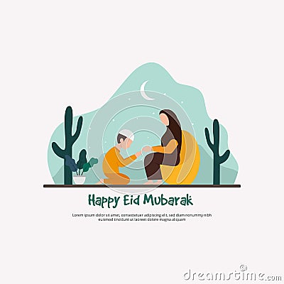 Ramadan Mubarak with modern flat illustration background, suitable for Happy Iftar, Eid Mubarak, or moslem holiday greeting card. Vector Illustration