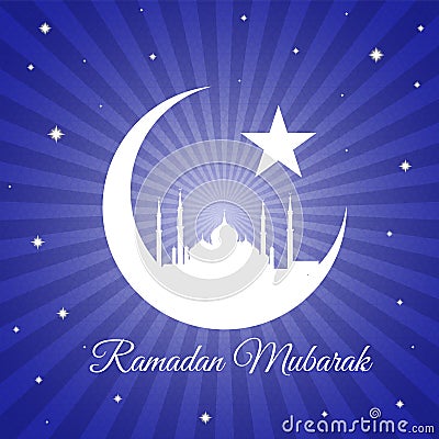 Ramadan mubarak - moon star and masjid on violet blue light vector background Vector Illustration