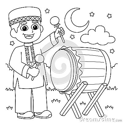 Ramadan Muslim Boy Playing Drum Coloring Page Vector Illustration