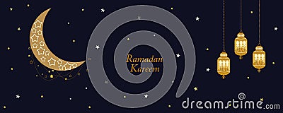 Ramadan night gold moon, crescent and stars Vector Illustration