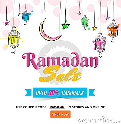 Ramadan Sale, upto 30% cashback offers with hanging lanterns, mo Stock Photo