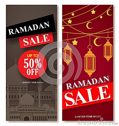 Ramadan sale vector web poster designs set with mosque Vector Illustration