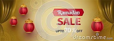 Ramadan Sale, web header or banner design with lantern and flat 70% off offers on floral pattern. Stock Photo