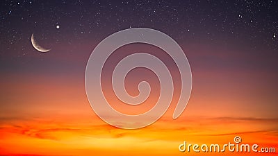 Ramadan Sky Moon Night Background Islam Crescent Moon Star Blue Orange Gold Glow Sky Dusk Sunset, Mubarak Dua, Ramadan Muslim Stock Photo