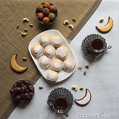 Ramadan sweets background. Cookies of El Fitr Islamic Feast Stock Photo