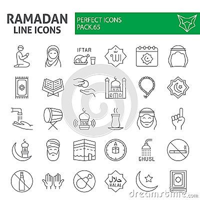 Ramadan thin line icon set, islamic holiday symbols collection, vector sketches, logo illustrations, islam icons, muslim Vector Illustration