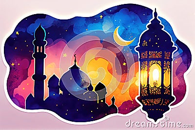 ramadan watercolor background, ai generation Stock Photo