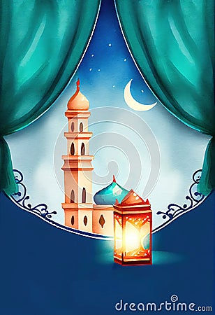 ramadan watercolor background, ai generation Stock Photo