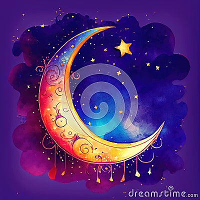 ramadan watercolor background, crescent card, ai generation Stock Photo