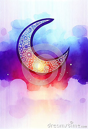 ramadan watercolor background, crescent card, ai generation Stock Photo