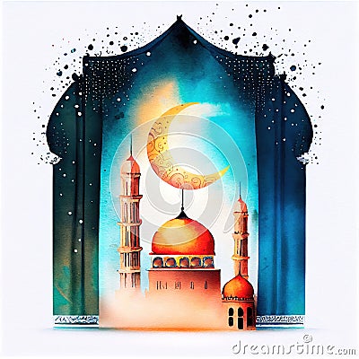 ramadan watercolor background, mosque card, ai generation Stock Photo