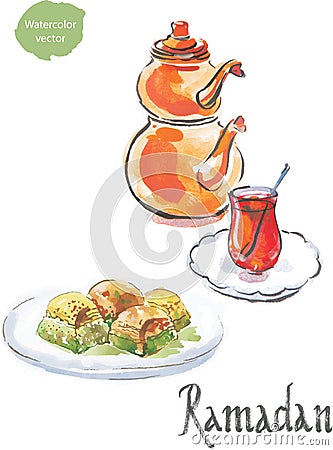Ramadan and watercolor turkish tea with baklava Vector Illustration