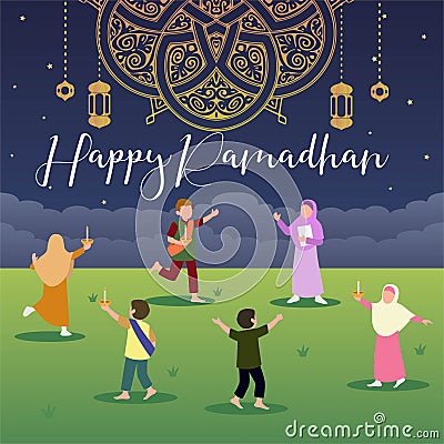 Happiness welcomes the month of Ramadan Vector Illustration