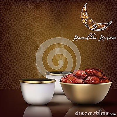 Ramadhan Kareem. Iftar party celebration with traditional coffee cup and bowl of dates Vector Illustration