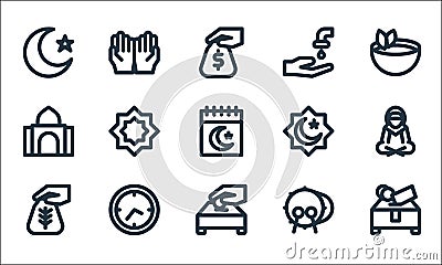 Ramadhan line icons. linear set. quality vector line set such as charity, charity, zakat, bedug, clock, mosque, rub el hizb, wudhu Vector Illustration