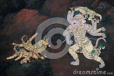 The Ramakian Ramayana mural paintings along the galleries of the Temple of the Emerald Buddha, Stock Photo