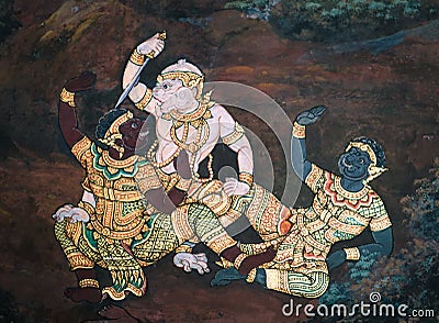 The Ramakian Ramayana mural paintings along the galleries of the Temple of the Emerald Buddha, Stock Photo