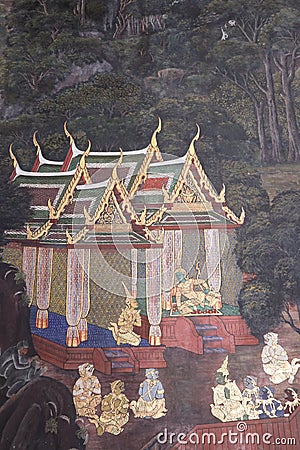 The Ramakien Ramayana mural paintings along the galleries of the Temple of the Emerald Buddha, grand palace or wat phra kaew Stock Photo