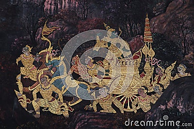 The Ramakien Ramayana mural paintings along the galleries of the Temple of the Emerald Buddha, grand palace or wat phra kaew Stock Photo