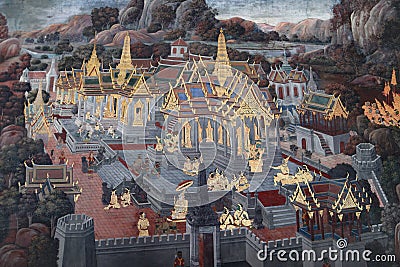 The Ramakien Ramayana mural paintings along the galleries of the Temple of the Emerald Buddha, grand palace or wat phra kaew Stock Photo