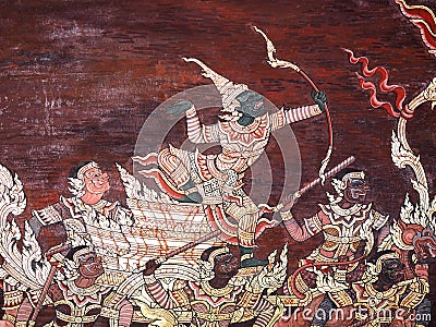 Ramayana epic story Temple Wall Painting, Thai Mural Stock Photo