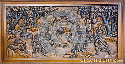 Ramayana epic wood carving Stock Photo