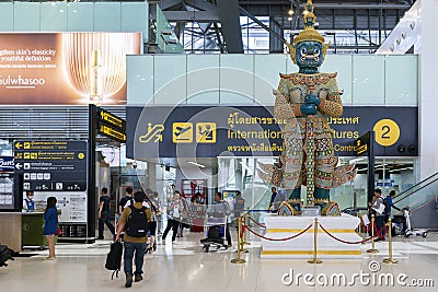 Ramayana Giant sculpture welcome visitor in Passenger Terminal the departures area at Suvarnabhumi International Airport Bangkok, Editorial Stock Photo