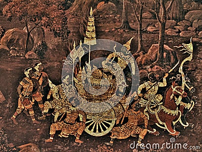 Ramayana mural paintings of , alien battles gods and chimera on walls of kings palace Bangkok, Thailand Stock Photo