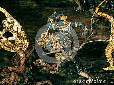 Ramayana mural paintings of , alien battles gods and chimera on walls of kings palace Bangkok, Thailand Stock Photo