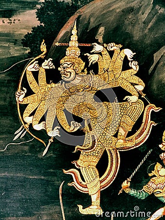 Ramayana mural paintings of , alien battles gods and chimera on walls of kings palace Bangkok, Thailand Stock Photo