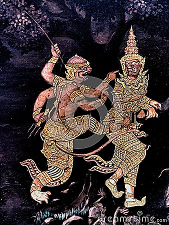 Ramayana mural paintings of , alien battles gods and chimera on walls of kings palace Bangkok, Thailand Stock Photo