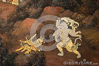 The Ramayana murals in Wat Phra Kaew Editorial Stock Photo