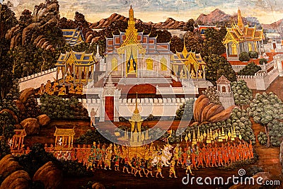 Ramayana wall art oil painting by unidentified artists in the Grand Palace of Bangkok city in Thailand Editorial Stock Photo