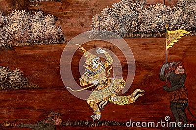 Ramayana wall art oil painting by unidentified artists in the Grand Palace of Bangkok city in Thailand Editorial Stock Photo