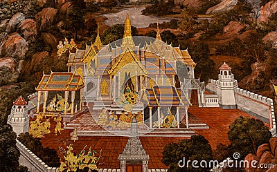 Ramayana wall art oil painting by unidentified artists in the Grand Palace of Bangkok city in Thailand Editorial Stock Photo