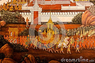 Ramayana wall art oil painting by unidentified artists in the Grand Palace of Bangkok city in Thailand Editorial Stock Photo