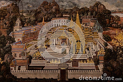 Ramayana wall art oil painting by unidentified artists in the Grand Palace of Bangkok city in Thailand Editorial Stock Photo