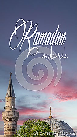Ramazan Mubarak or Ramadan Kareem. Lalapasa Mosque at sunset. Ramadan mubarak text in the image. Stock Photo
