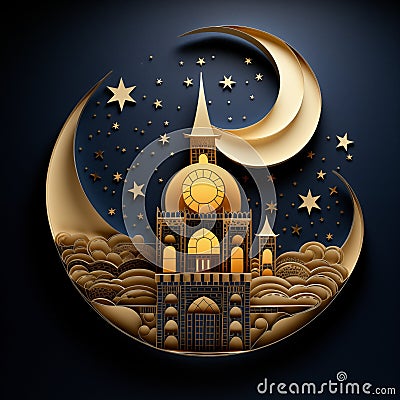 Ramazan paper mosque and moon crescent. Night illustration, quilling paper craft Cartoon Illustration