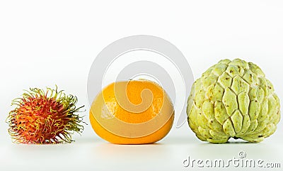 Rambutan, orange, Custards, isolated on white background. Sweet fruit of Thailand. Stock Photo