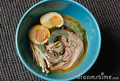 Ramen bowl with soft boiled eggs and pork belly Stock Photo