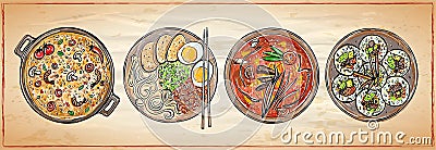 Ramen, kimbap, fried rice and soup - hand drawn asian food dishes Vector Illustration