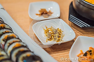 Ramen noodles and gimbap meal national korean food Stock Photo