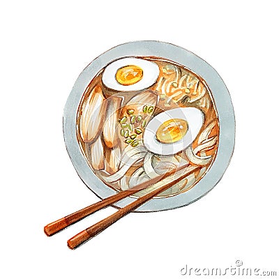 Ramen soup, Asian food, Marker illustration, Hand draw illustration, Isolated on white Cartoon Illustration